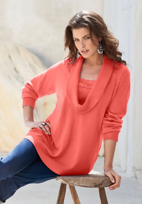 Lace-Trim Cowl Neck Sweater, , alternate image number null