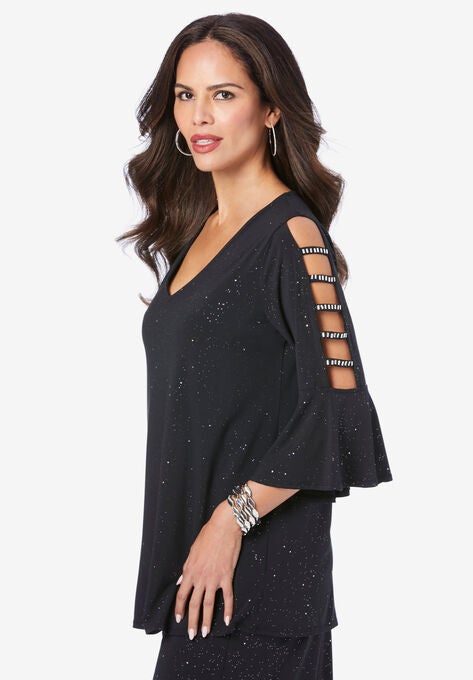 Embellished Lattice-Sleeve Ultrasmooth® Fabric Top, , alternate image number null