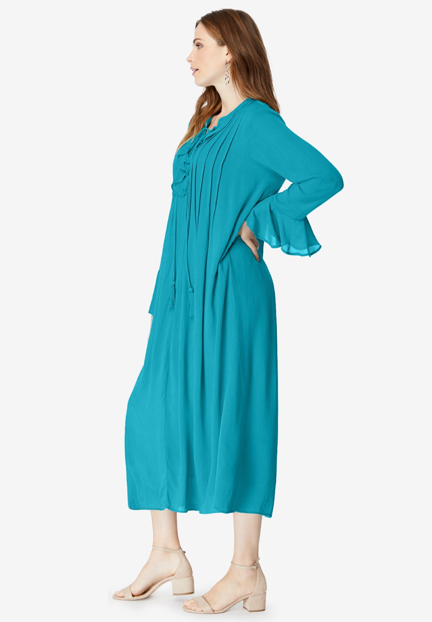 Fashionable Ruffle Pintuck Crinkle Dress, Deep Turquoise Roaman's