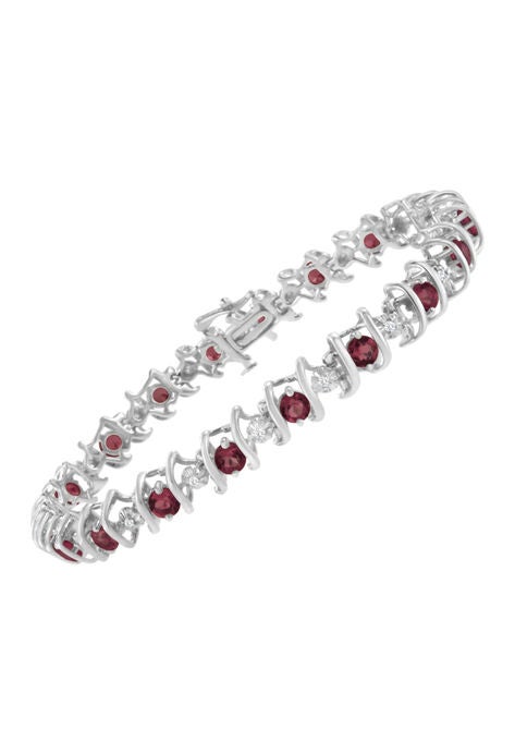 Sterling Silver Gemstone & Round Diamond Tennis Bracelet Ruby July Birthstone, , alternate image number null