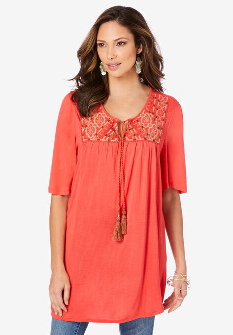 Embroidered Corded-Tie Tunic, SUNSET CORAL, hi-res image number null