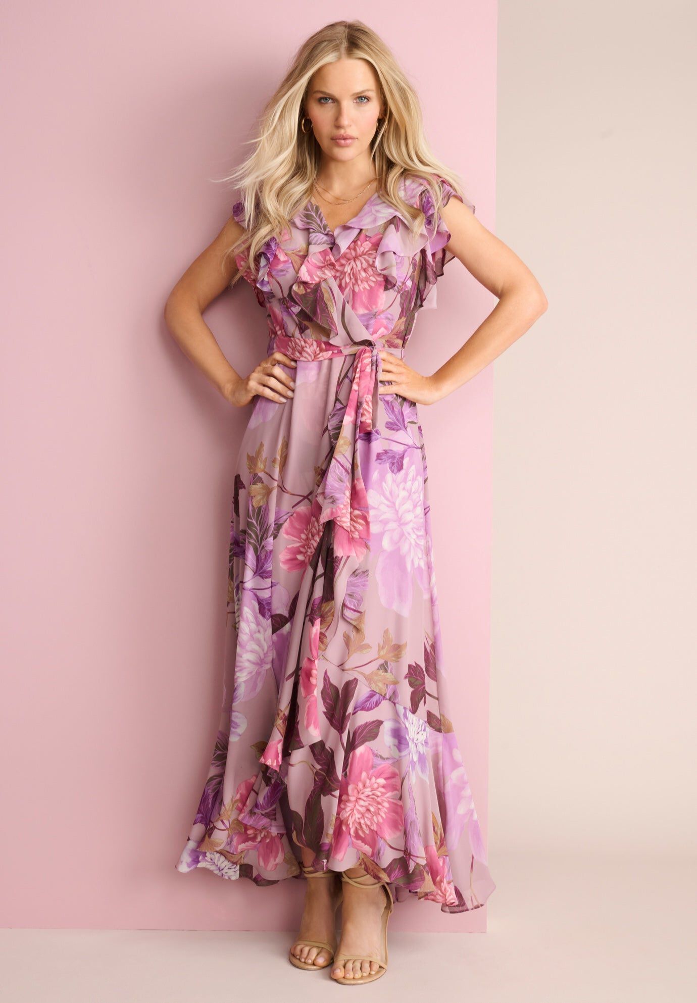 Ruffle Faux Wrap Maxi Dress, MAUVE MULTI, hi-res image number 0