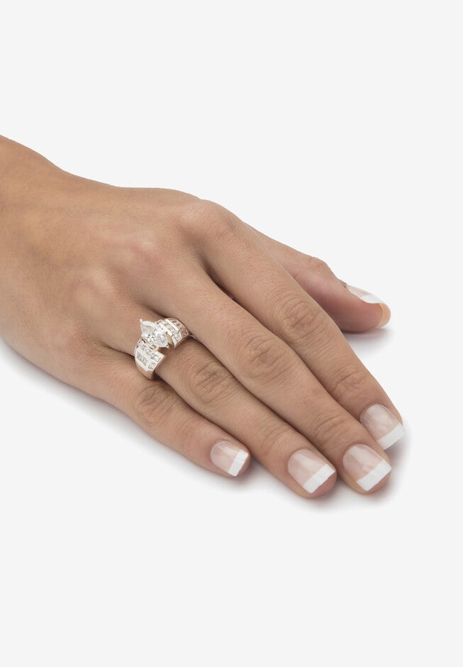3.17 Cttw. Platinum-Plated Sterling Silver Marquise-Cut Cubic Zirconia Engagement Ring, , alternate image number null