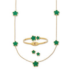 Genuine Green Malachite Gold Ion-Plated Stainless Steel Clover Jewelry Set