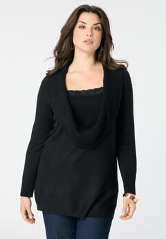 Plus Size Lightweight Cowl Neck Sweater with Lace Trim