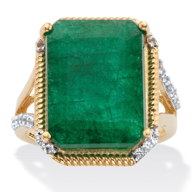 9.05 Cttw. Green Emerald and White Topaz Two-Tone Gold-Plated Silver Ring, GREEN, hi-res image number null