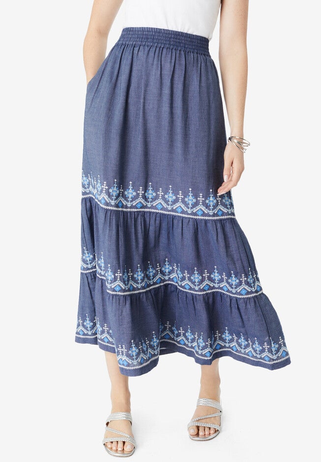 Embroidered Tiered Chambray Skirt, MEDIUM WASH, hi-res image number 0