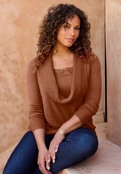 Plus Size Lightweight Cowl Neck Sweater with Lace Trim