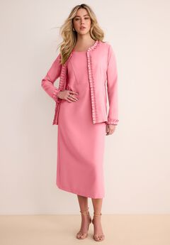 Plus Size Long Sleeve Pleated Jacket Dress Set – Elegant 2-Piece Sheath Suit