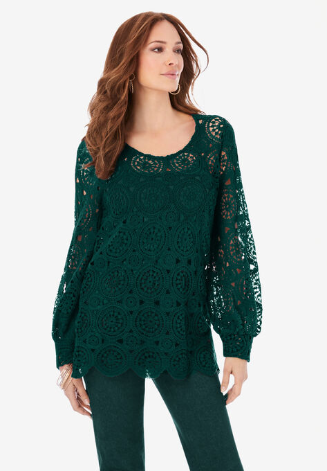 Scallop Crochet Pullover, EMERALD GREEN, hi-res image number null
