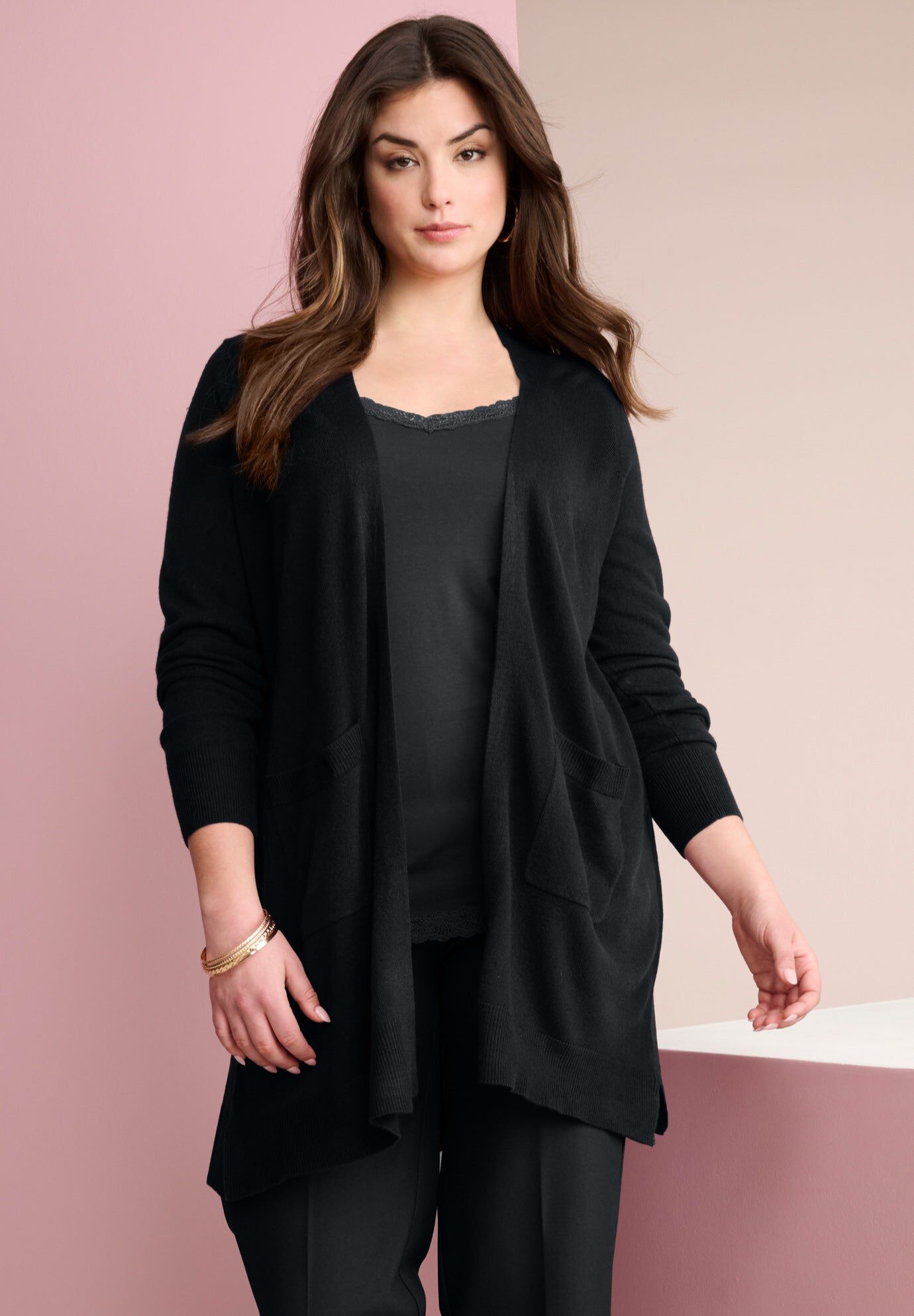 Fine Gauge Open Front Cardigan, BLACK, hi-res image number 0