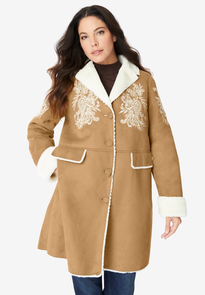 Embroidered Faux Shearling Coat., CAMEL PAISLEY BOUQUET, hi-res image number null