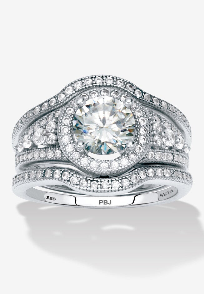 2.18 Tcw Round Cut Cubic Zirconia Platinum-Plated Sterling Silver Bridal Set, SILVER, hi-res image number 0