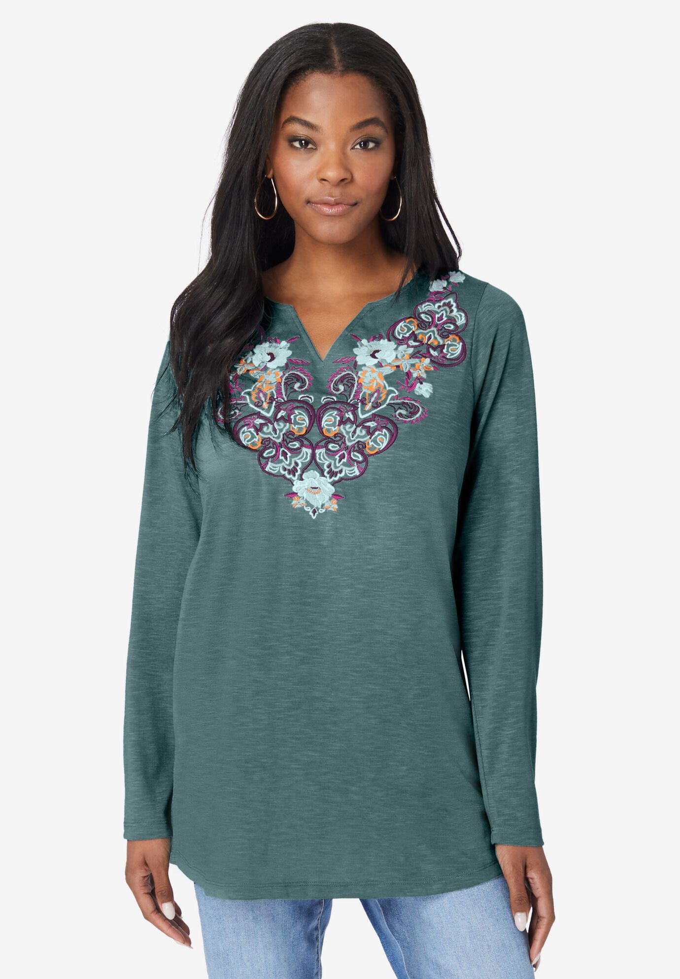 Embroidered Notch Neck Tee, DEEP SAGE PAISLEY EMBROIDERY, hi-res image number 0