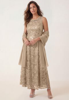 Plus-Size Allover Lace Embellished Shawl Gown