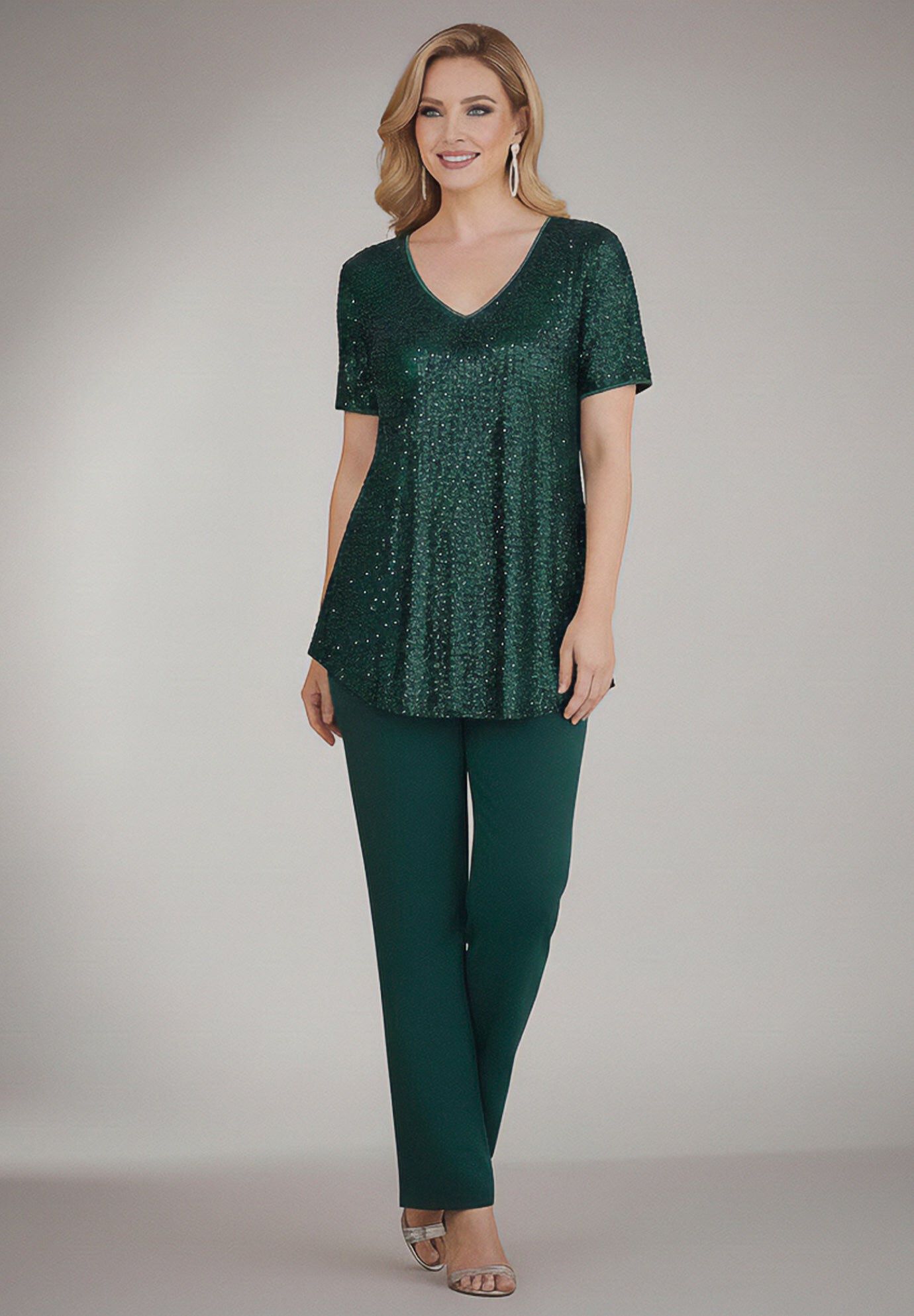 Plus-Size 2 Piece S/S Sequin Top and Pant Set, EMERALD GREEN, hi-res image number 0