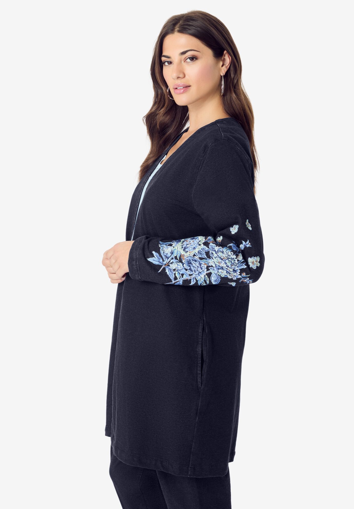 Knit Denim Jacket, DARK WASH BOUQUET, alternate image number 2