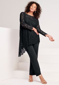 Extended Plus Size Asymmetrical Lace Pant Set –Long Sleeve Lace Scalloped Tunic & Elastic Waist Pant