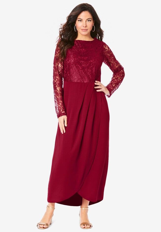 Fashionable Tulip-Hem Lace Dress, Rich Burgundy | Roaman's Fashionable Tulip-Hem Lace Dress, Rich Burgundy | Roaman's