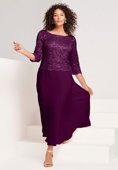 Plus Size Sparkle Lace Popover A-Line Gown with 3/4 Sleeves