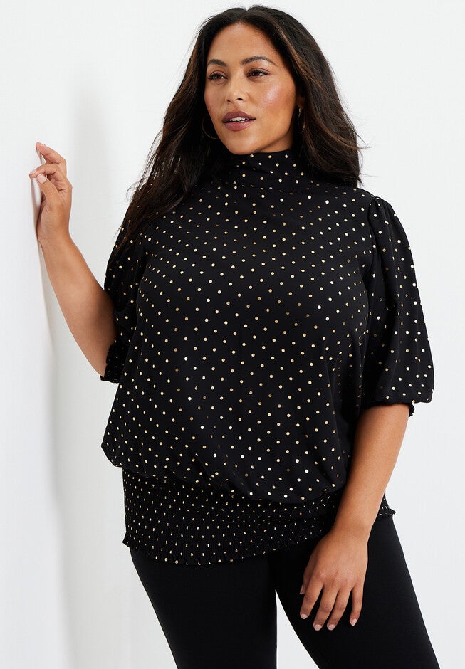 Smocked Mock-Neck Top, , alternate image number null
