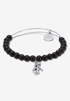 Natural Black Onyx Silvertone Elephant Charm Bangle, 7.5 Inches