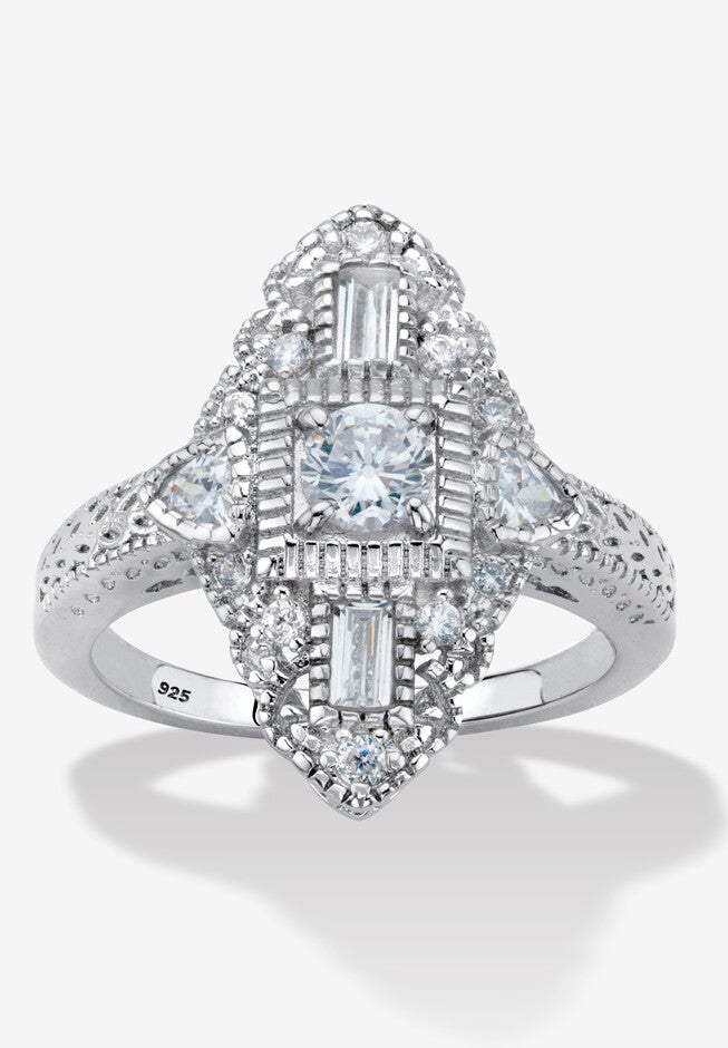 1.03 Cttw. Round Cubic Zirconia Platinum-Plated Sterling Silver Art Deco-Style Ring, SILVER, hi-res image number 0