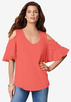 Ruffle-Sleeve Top with Cold Shoulder Detail