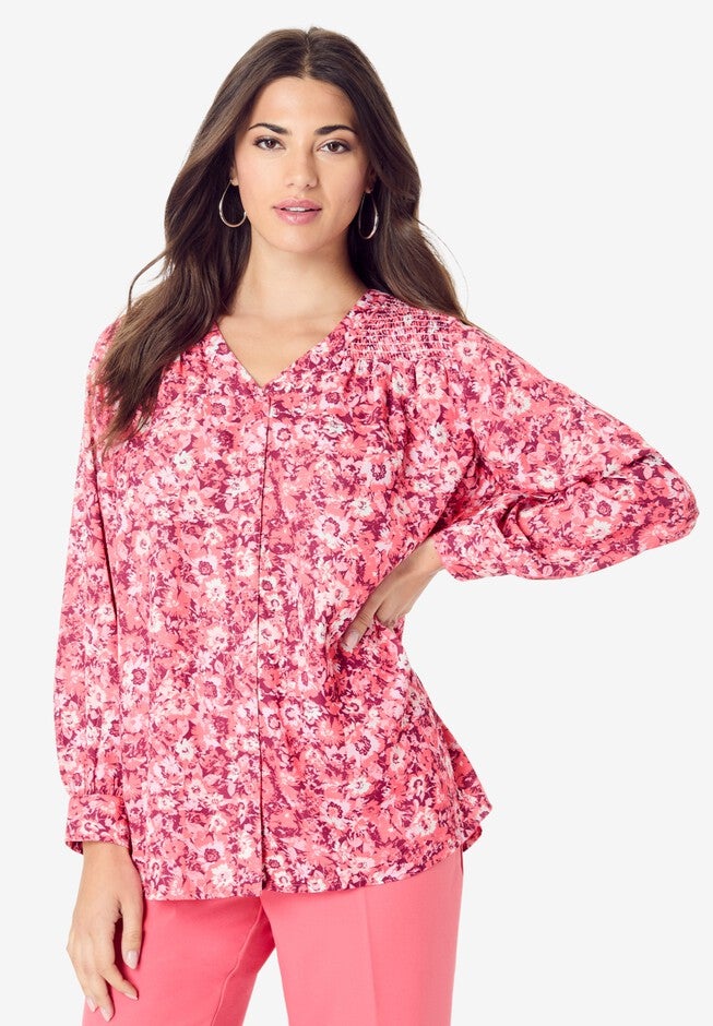 Smocked V-Neck Tunic, CORAL BRUSHED FLORALS, hi-res image number 0
