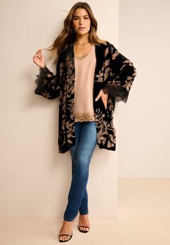 Plus Size Velour Embroidered Kimono