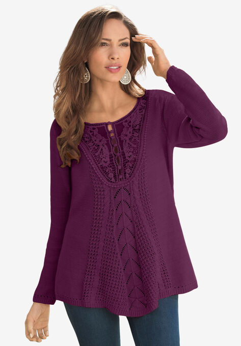 Lace Yoke Pullover, DARK BERRY, hi-res image number null