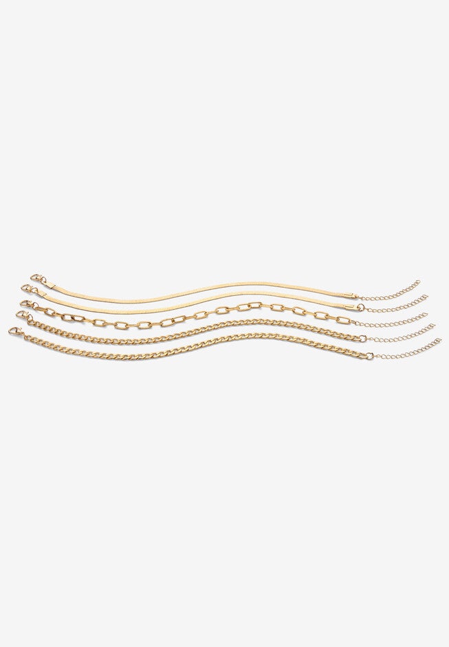 5 Piece Herringbone, Curb & Cable Link Ankle Bracelet Set Goldtone 9 inches Length Jewelry, GOLD, hi-res image number 0