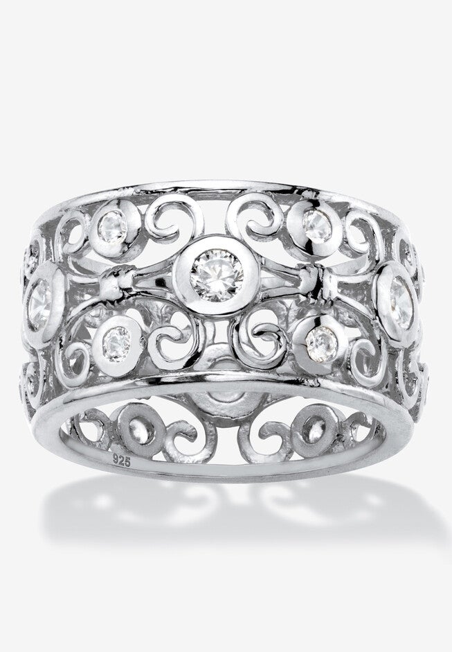 1 Tcw Round Cubic Zirconia .925 Sterling Silver Scroll Eternity Ring, SILVER, hi-res image number 0