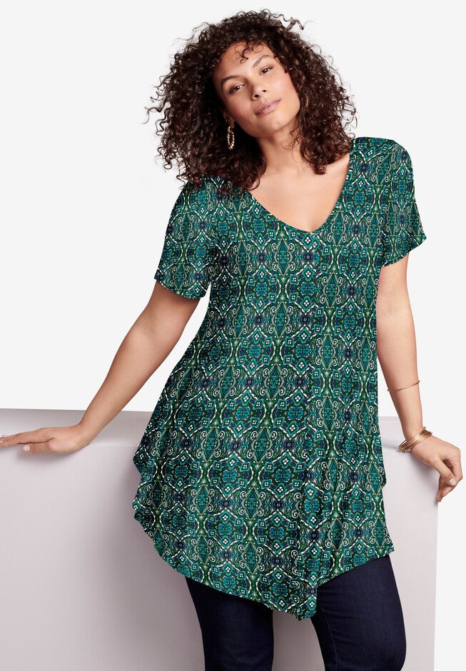 V Neck Swing Ultra Drape Tunic, GREEN FLOWER MEDALLION, hi-res image number null