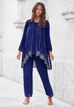 Plus-Size Long Sleeve Floral Beaded Georgette Three-Piece Pant Set