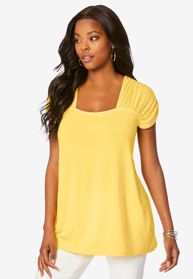 Ruched Cap-Sleeve Ultra Femme Top., LEMON MIST, hi-res image number null