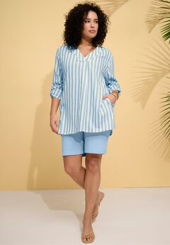 Plus Size Linen-Blend Y-Neck Roll-Tab Sleeve Tunic