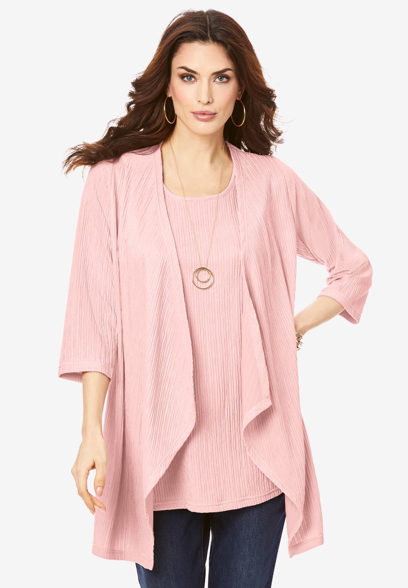 Textured Knit Tank and Sweater Illusion Set., SOFT BLUSH, hi-res image number 0