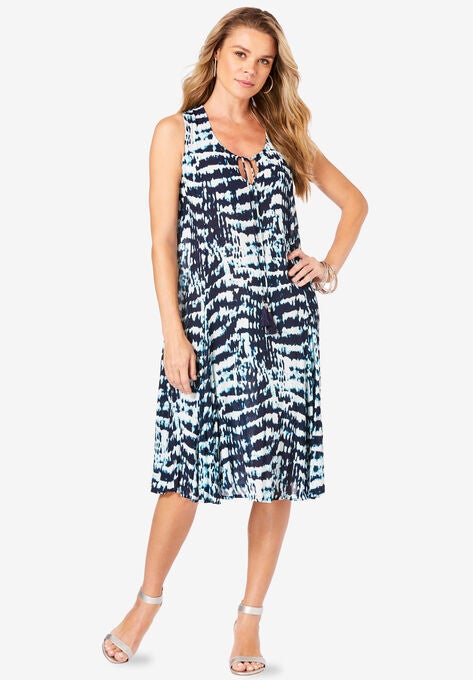 A-Line Crinkle Dress with Tassel Ties, NAVY TEXTURED TIE DYE, hi-res image number null
