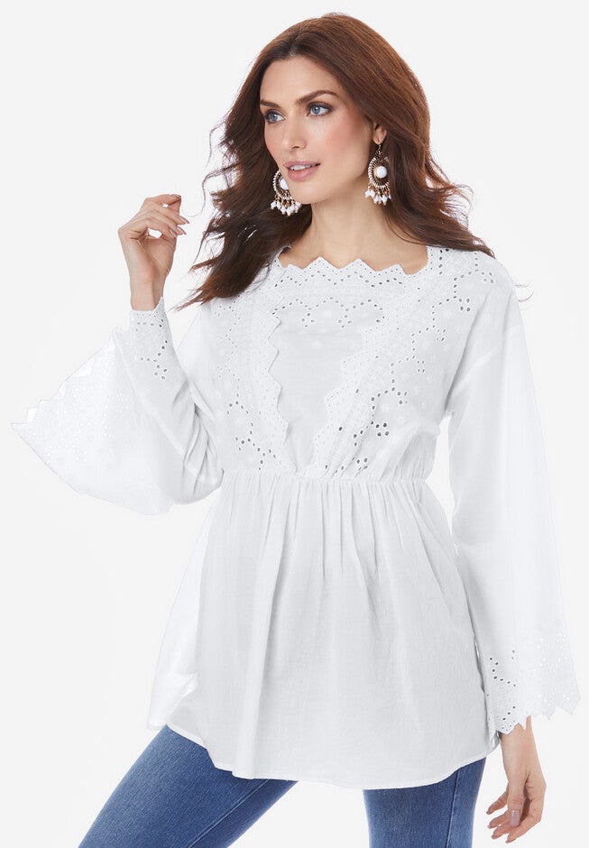 Angel-Sleeve Eyelet Tunic., WHITE, hi-res image number null