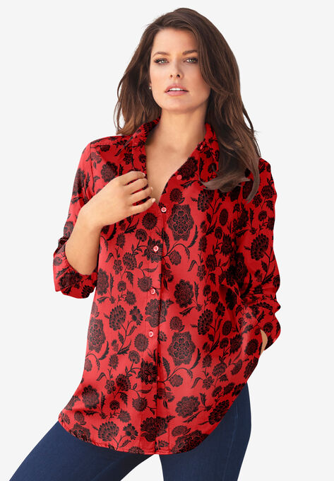 Long-Sleeve Kate Big Shirt, VIVID RED FLORAL, hi-res image number null