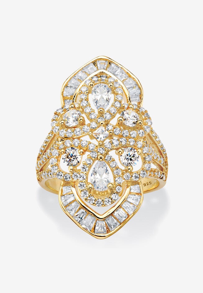 2.30 Cttw. 14K Gold-Plated Sterling Silver Pear-Cut Cubic Zirconia Cocktail Ring, SILVER, hi-res image number 0