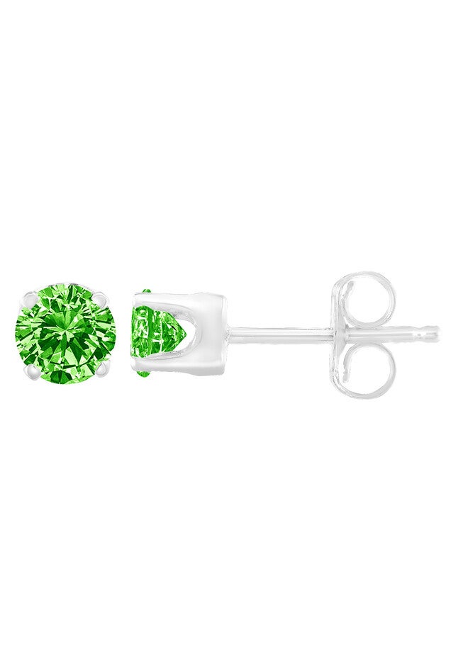 Sterling Silver Round Brilliantcut Green Diamond Classic 4Prong Stud Earrings, WHITE, hi-res image number 0