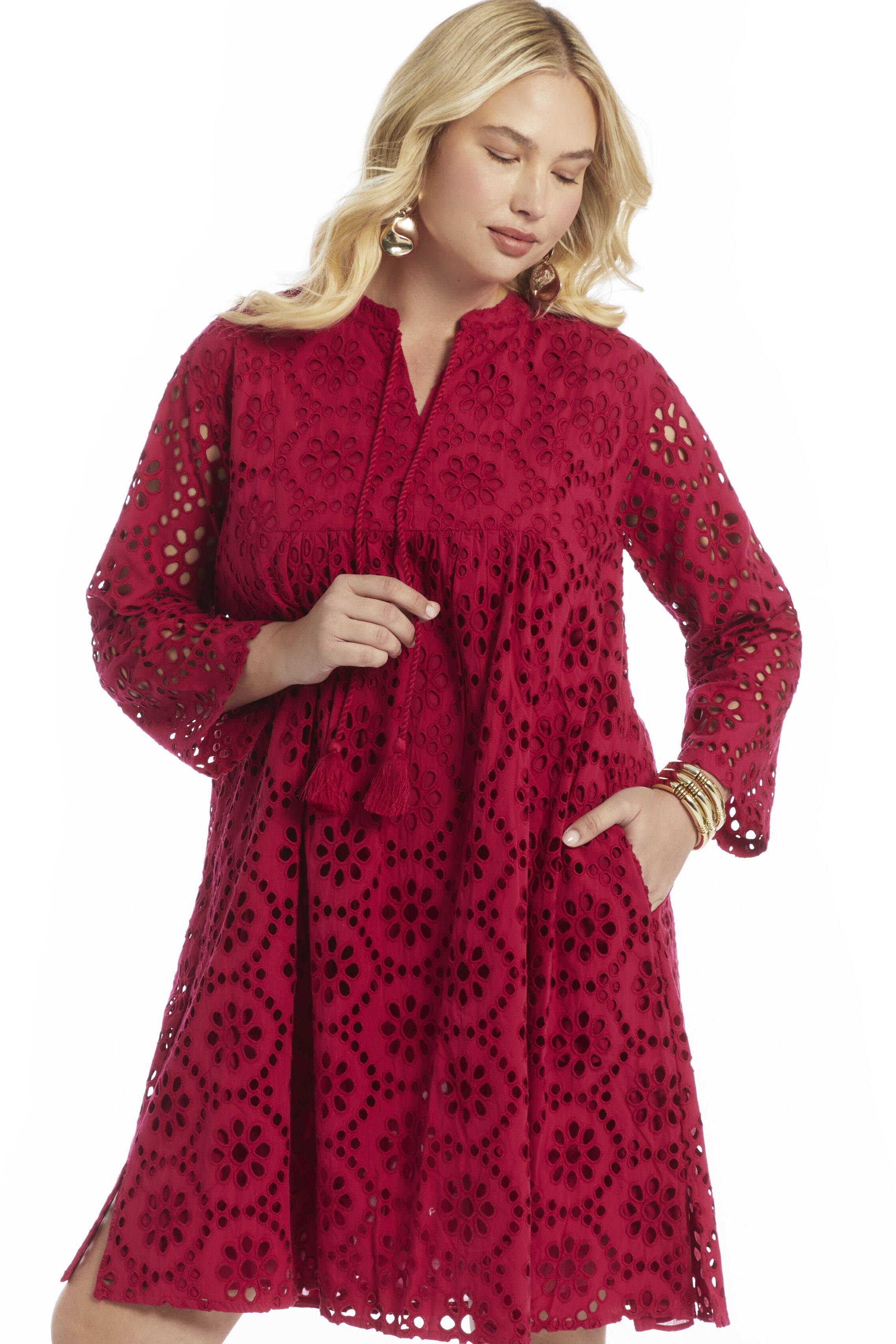 Eyelet Midi Shirtdress, CERISE, on-hover image number 1