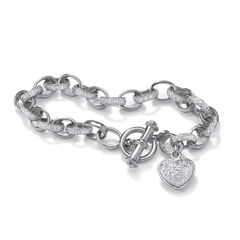 Diamond Accent Heart Charm Bracelet in Platinum-plated Sterling Silver 7.25"