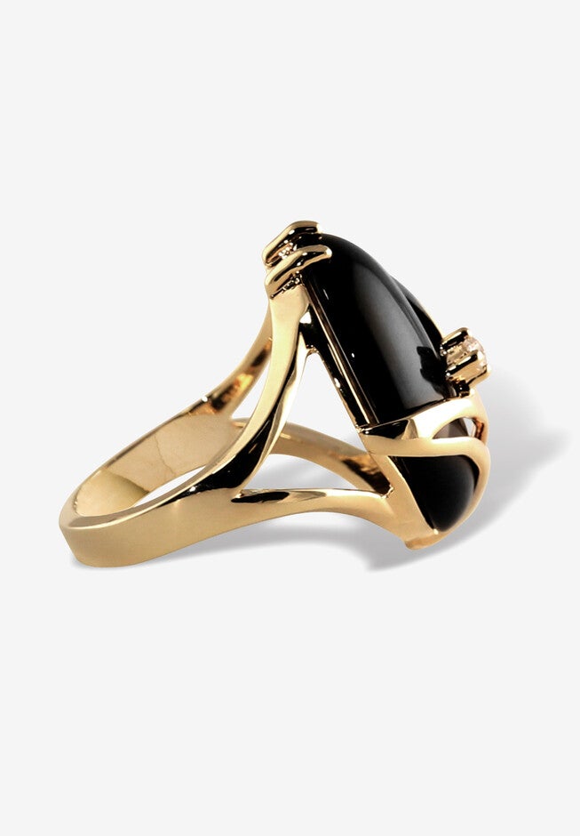 Yellow Gold Plated Natural Black Onyx and Round Crystal Ring, , on-hover image number 1