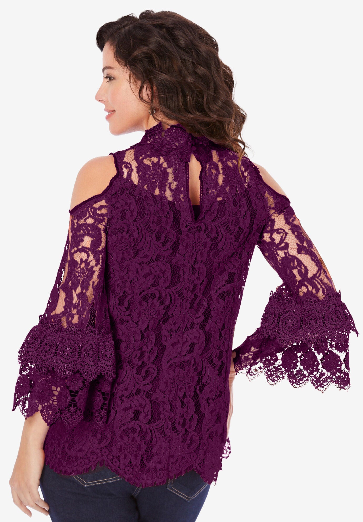 Lace Cold-Shoulder Top, BLACK, alternate image number 2