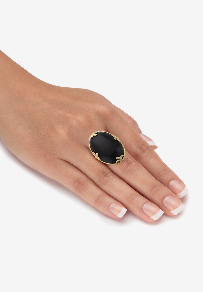 Cabochon-Cut Black Agate 18K Gold-Plated Ring, , alternate image number 2