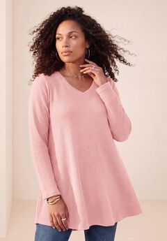 Plus Size Knit Thermal V Neck Swing Tunic – Long Sleeve