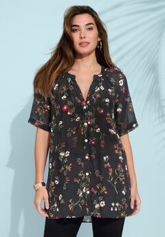 Plus Size Angelina Crinkle Crepe Y-Neck Short Sleeve Tunic